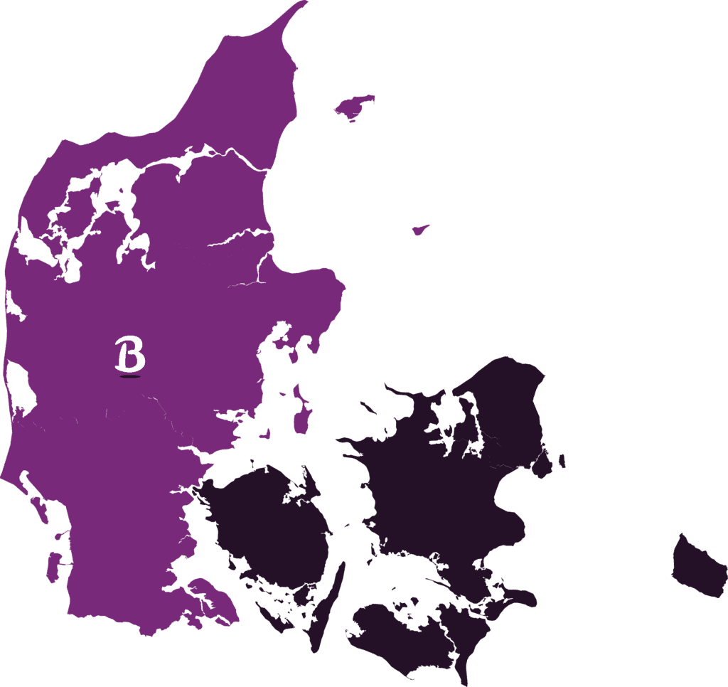 Kort over Danmark hvor Jylland lyser op for at understrege Studenterkørsel i Jylland